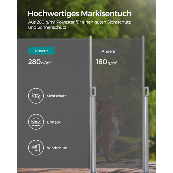 Rootz Sidefortelt Privacy Screen - Balkonskærm - Terrassevindbeskyttelse - Nem montering - Aluminiumsramme - Polyesterstof - 160cm x 300cm x 200cm