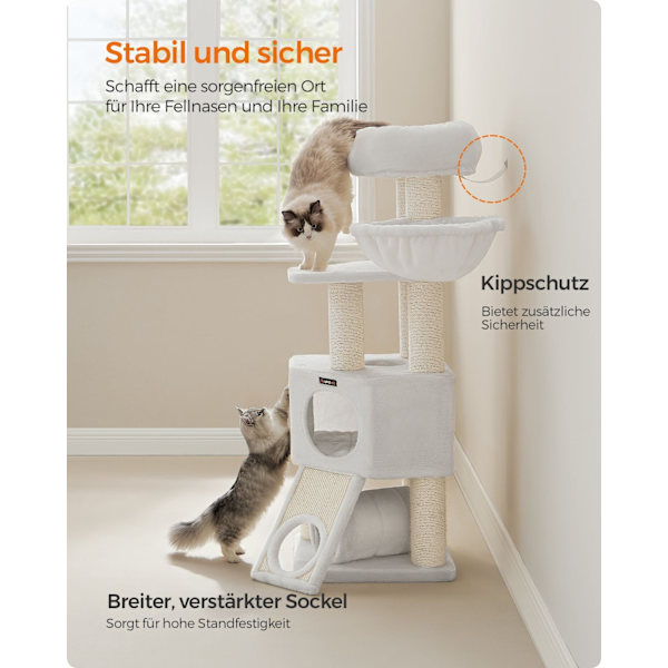 Rootz Cat Tree Tower - Kradsestolpe - Kattelejlighed - Spånplade - Plys - Sisal - 50 cm x 50 cm x 141 cm - Cremehvid - 22,3 kg