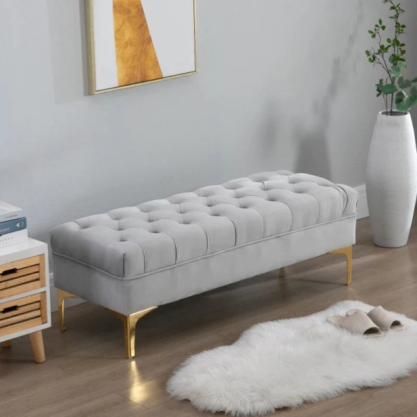 Rootz Sengebænk - Skobænk - Blød plyspolstring - Hævede ben - Stilfuldt design - Soveværelse - Træfløjl - Lysegrå -118 x 45 x 42 cm