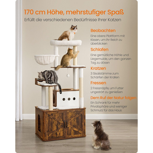 Rootz Scratching Tree med kullskåp - Cat Tower - Pet Playground - Space Saving Design - 80cm x 49 cm x 170 cm, vitt och brunt