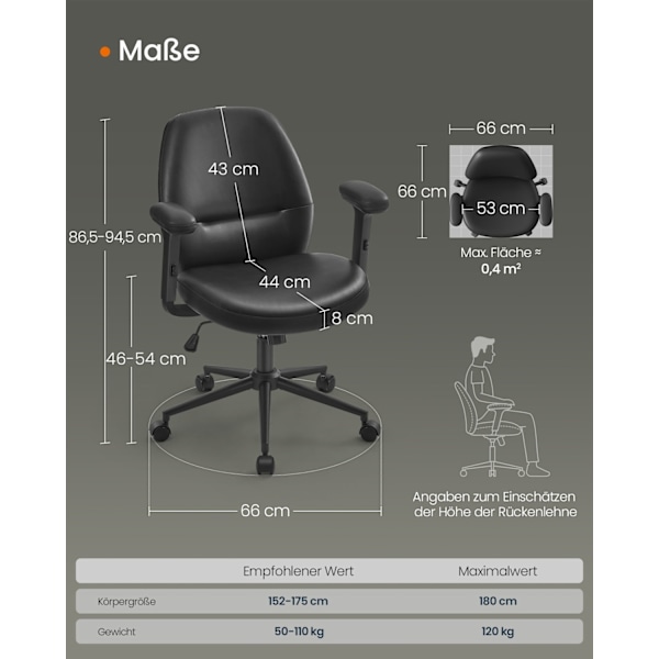 Rootz Office & Justerbare Armlæn Skrivebordsstol - Blæksort - Stål - PU-læder - Højdejusterbar - 66cm x 66cm x (86,5-94,5cm)