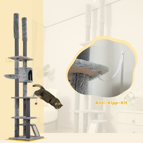 Rootz Cat Scratching Post Tree - Justerbara höjder - Mysiga hängmattor - Flera nivåer - Mjukt skydd - Rejäla stöd - Golv till tak - Grå - 60cm x 48cm