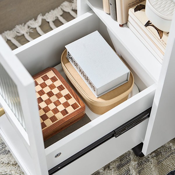 Rootz Mobile Arkiverskab - Dokumentopbevaring - Office Organizer - Easy Access skuffer - 31x60x70cm - MDF & Glass - 5 hjul til mobilitet