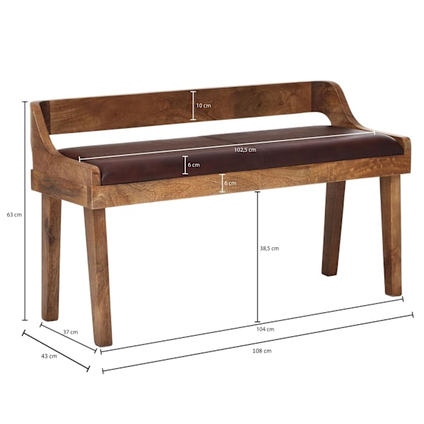 Rootz bänk äkta läder - massiv träbänk 108x63x43 cm - Klädd bänk med ryggstöd Bänk hall sovrum brun - Liten sängbänk i läder