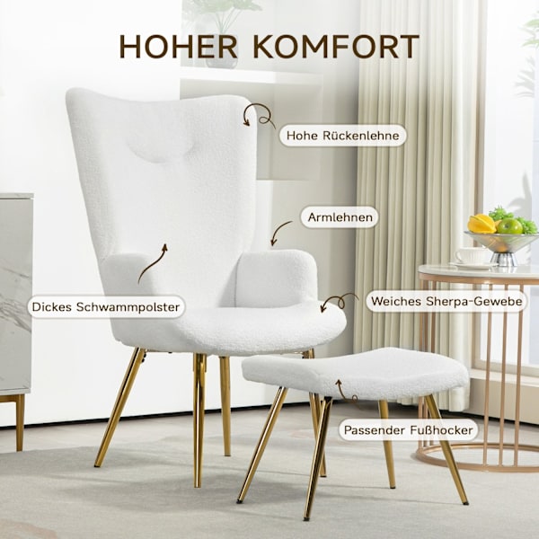 Rootzin siipituoli jakkara - Lounge -tuoli - Aksenttituoli - Korkea selkäkuvuus - 73W x 68D X 111H CM, 52W X 38D X 40H CM, WHITE SHERPA -POINTI, KULTA