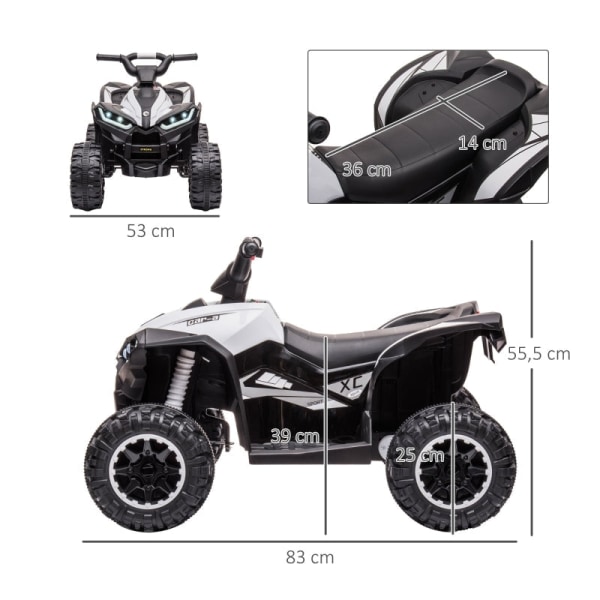 Rootz Quad elbil för barn - Elektrisk ATV för barn - Åkande fordon - Ergonomiskt säte - LED-strålkastare - 83 cm x 53 cm x 55,5 cm - Svart + Vit