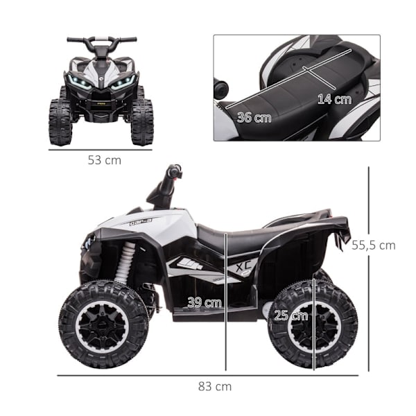 Rootzin lasten mönkijän sähköauto - Lasten sähkömönkijä - Ajo-ajoneuvo - Ergonominen istuin - LED-ajovalot - 83 cm x 53 cm x 55,5 cm - Musta + valkoin