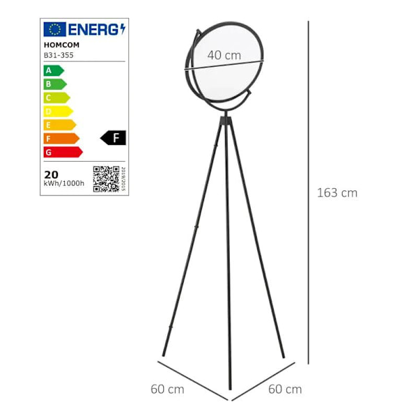 Rootz gulvlampe - LED gulvlampe - 350 graders gulvlampe - Industriel gulvlampe - ABS - Sort - 60 x 60 x 163 cm