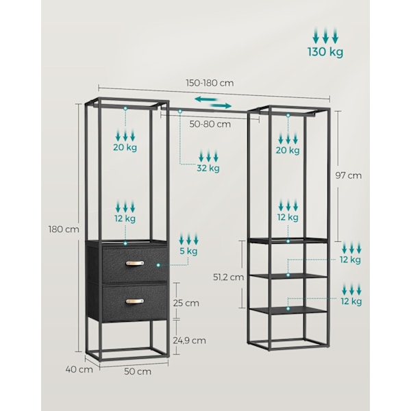 Rootz garderobeopbevaringsopbevaring - Skabearrangør - Stor kapacitet - Stål & MDF - 40 cm x (150-180 cm) x 180 cm