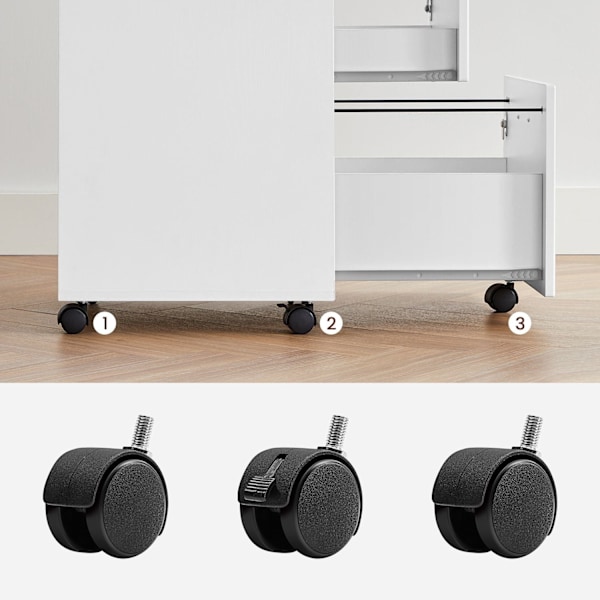 Rootz Låsbar Rullebeholder - Hvidt arkivskab - Opbevaringsskab - Sengebord - Sidebord - 5 hjul - E1 MDF - PVC - 44cm x 40cm x 54,5cm