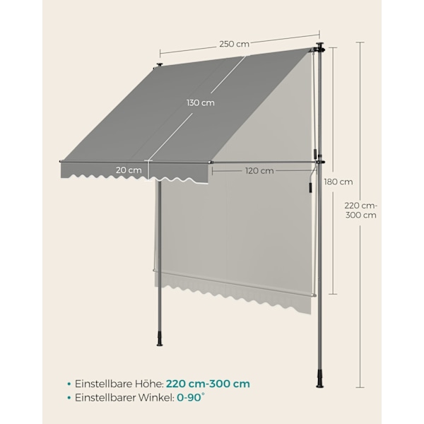 Rootz Grey Clamp-markis med vev - Utomhustak - Solskydd - Pulverlackerat stål - Aluminiumlegering - Polyester med PA-beläggning - 250 cm x 120 cm x 22