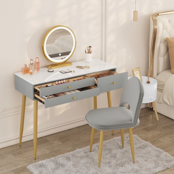 Rootz justerbart toalettbord med LED-spegel och sammetspall - Sminkbord - Justerbar belysning, gott om förvaring, ergonomisk design - 100 cm x 122 cm