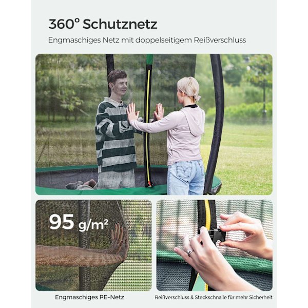 Rootz 10ft trampolin med sikkerhedsnet - Sort-grøn - Galvaniseret stålramme - PVC-kantdæksel - PP hoppemåtte - 244 cm x 239 cm - 180 cm stanghøjde - 8