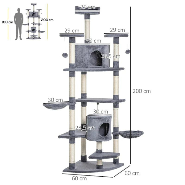 Rootz skrapstolpe - med kattgrotta - katthus - kattbur - med 2 hängmattor - ljusgrå - 60L x 60W x 200H cm