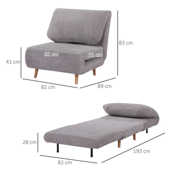 Rootz 2-i-1 lænestolsseng - Justerbar nakkestøtte - Corduroy Look - Grå - 82 cm x 8 cm x 83 cm
