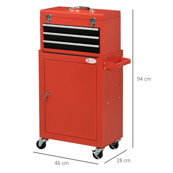 Rootz 2-i-1 verktygsvagn - Mobil vagn - Verktygsskåp - 3 lådor - Verktygstavla - Stålhus - Röd - 46L x 28W x 94H cm