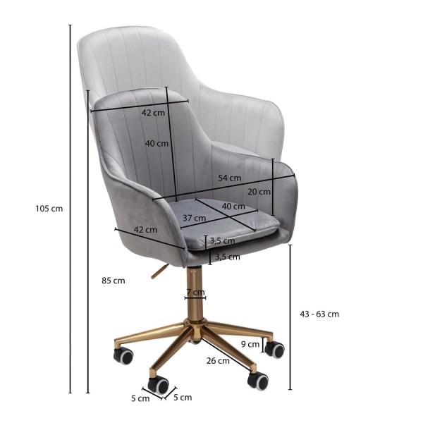 Rootz skrivbord sammetsgrå - Design snurrstol med ryggstöd - Arbetsstol 120 kg justerbar i höjdled - Skalstol med hjul - Vridstol