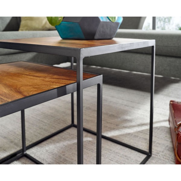 Rootz stuebord sæt af 2 mango massivt træ - metal sidebord firkantet - Design sidebord Industrielt - Sofabord Firkantet sofabord - Dækkeserviet 2-delt
