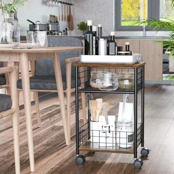 Rootz Køkkenvogn - Serveringsvogn - Industrielt design - 1 hylde 1 opbevaringskurv 4 hjul - spånplade/stål - sort/brun - 40 cm x 30 cm x 62 cm