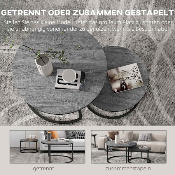 Rootz 2 Set soffbord - Sidobord - Sofatisk - Spacebesparing - 78,5x78,5x46,5cm & 59x59x36,5cm - grå metallram