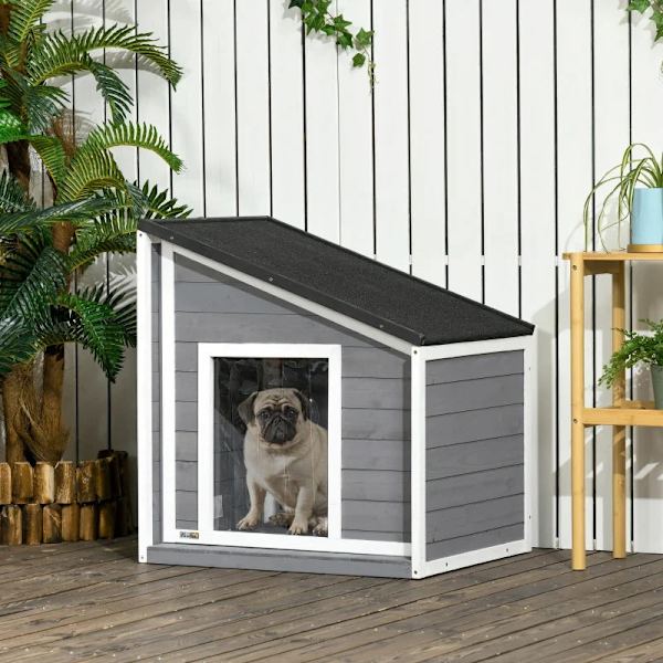 Rootz Dog Kennel - Massivt trä - Väderbeständig - Asfalttak - Grå + Vit - 71cm x 58cm x 77cm