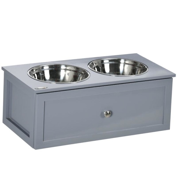 Rootz Foderstation - Forhøjet foderstation - 2 foderskåle hver 2 liter - Rustfrit stål - Med skuffe - Til mellemstore hunde - Grå - 60 x 30 x 24 cm