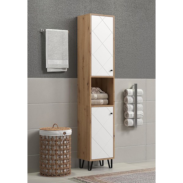 Rootz Tall Bathroom Cabinet - Storage Unit - Washroom Organizer - Bath Furniture - Towel Stand - Shelving System - White Matt Lacquer with Artisan Oak