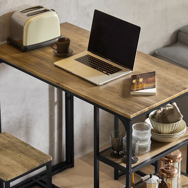 Rootz 3-delt barbordssæt - Barbord med 2 stole - Spisebordssæt - MDF bordplade med PVC - Metalstel - Pladsbesparende opbevaringshylder - Ideel til køk