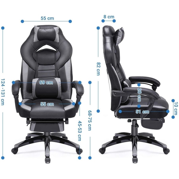 Rootz Gaming Chair - Kontorsstol med Fotstöd - Svart-Grå