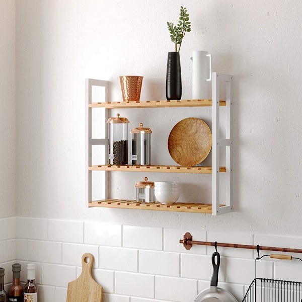 Rootz-seinähylly - Bambu - Korkeussäädettävä - 3 kerrosta - Seinäasennus - Kirjahylly - Beige - Valkoinen - 60 x 15 x 54 cm