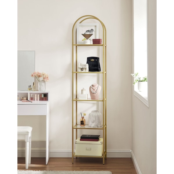 Rootz 5-vånings metallic guld Transparent glashylla - Displayställ - Förvaringsställ - Härdat glas - Stålram - 30,2 cm x 40 cm x 183,5 cm - Lättvikt -