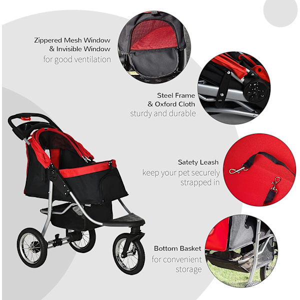 Rootz Pet Buggy - Hund Buggy - Cat Buggy - Pet Barnvagn - Hopfällbar Dog Cat Buggy - Röd/Svart - 109,5 x 54,5 x 106,5 cm