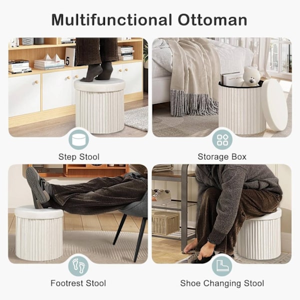 Rootz Opbevaringsskammel - Osmannisk - Fodskammel - Blød og Robust - 38 cm x 36 cm - Cremefarvet/Lysegrå - 30 L Kapacitet - E1 MDF-ramme - Fløjlsbetræ