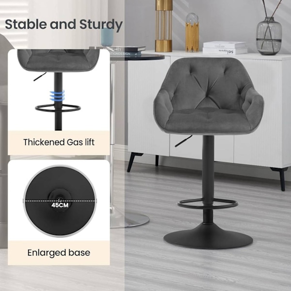 Rootz Ergonomic Justerbar Barstol - Komfortabelt fløjlssæde - Drejelig bordstol - Stabil metalbund - Moderne design - Mørkegrå/sort - 37 cm x 37,5 cm