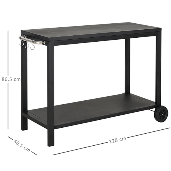 Rootz Køkkenvogn - Serveringsvogn - 2 hjul - 3 kroge - 2 niveauer - 128 x 46,5 x 86,5 cm - Sort - Rustfrit stål