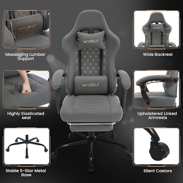 Rootz Massagespelstol - Kontorsstol med svankstöd - Ergonomisk datorstol - Justerbart nackstöd - 64cm x 119,5-127cm x 54cm
