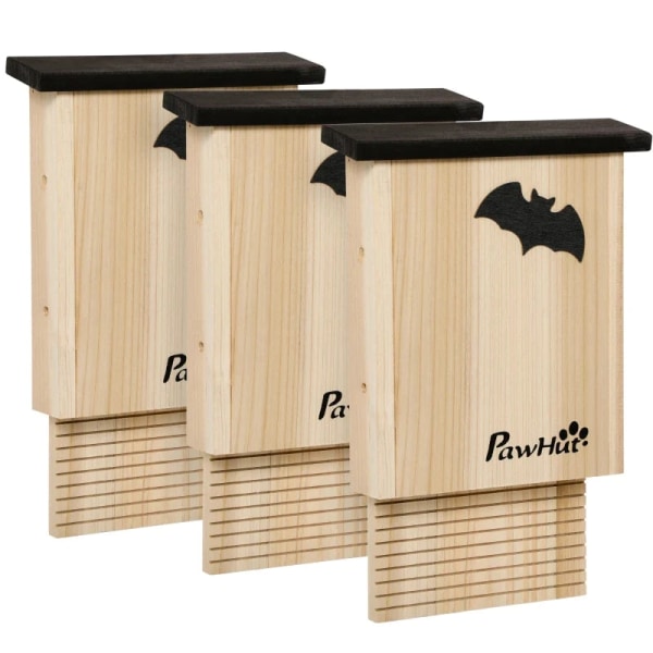 Rootz Set med 3 väderbeständiga fladdermushus - Upp till 3 fladdermöss per hus - Smådjursstall - Behandlat granträ - Naturligt + Svart - 25L x 6W x 37