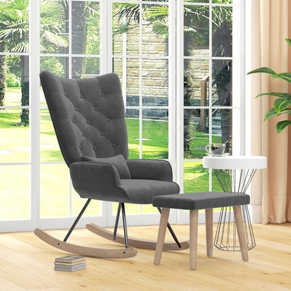 Rootz Lounge Stol och Pall Set - Modern Fåtölj - Klädd vilstol - Sammetsstoppning - Gummiträben - Mörkgrå - 66cm x 96cm x 101cm