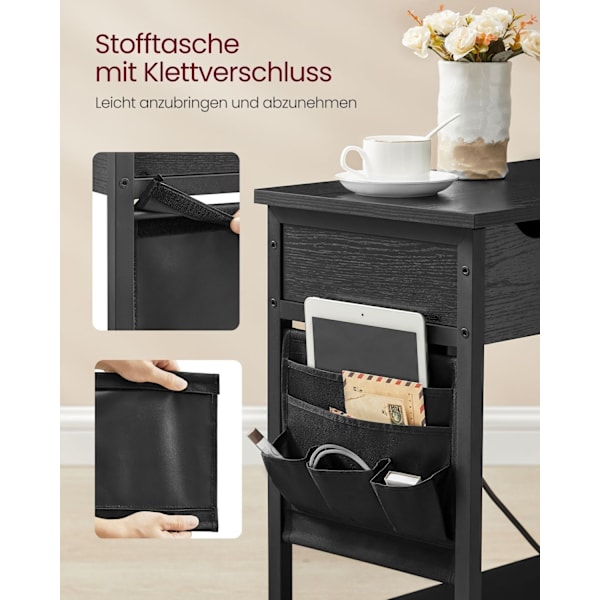 Rootz Black Wood Grain Sidobord - Spånskiva Stål Tygpåse - Bärbart gavelbord - Lätt - Enkel montering - Mångsidig användning - 60cm x 31,5cm x 60cm