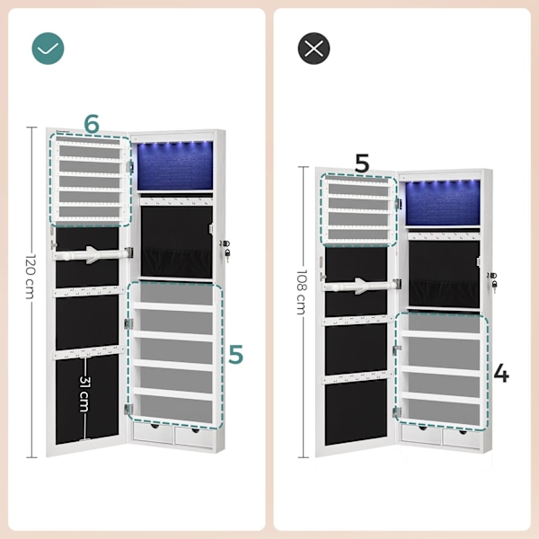 Rootz smykkeskab - Smykkearrangør - Smykkegarderobe - MDF-konstruktion - Fløjlsforing - Glasspejl - Skønhedsprogram - Nem organisering - Rummeligt lay