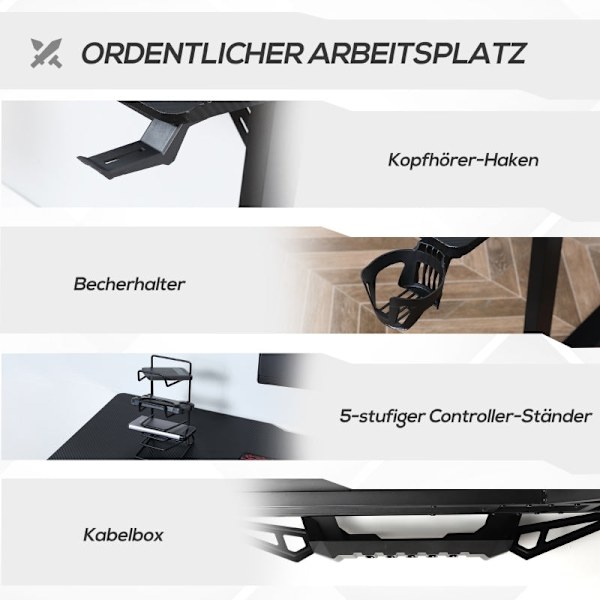 Rootz L-formet spillebordsbord - Computerbord - Racing skrivebord - Rigelig plads - Organiseret opsætning - Holdbar konstruktion - 168W x 109D x 78H c