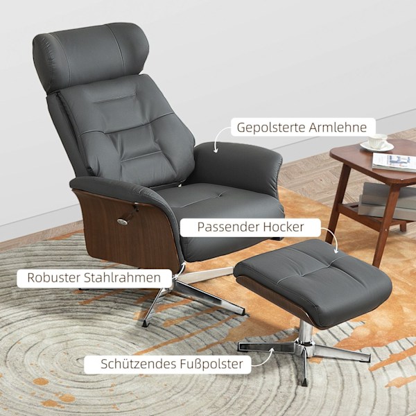 Rootz Relaxation Stol med afføring - Liggende drejestol - Læder Look lænestol - 360 ° Rotation - 80W x 84d x 108H cm