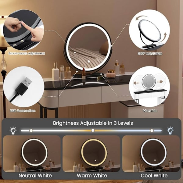 Rootz Deluxe Sminkbordsset - Sminkbord med pall - Sminkbord - Justerbar LED-spegel - Gott om förvaring - Mångsidig design - 100 cm x 125 cm x 40 cm