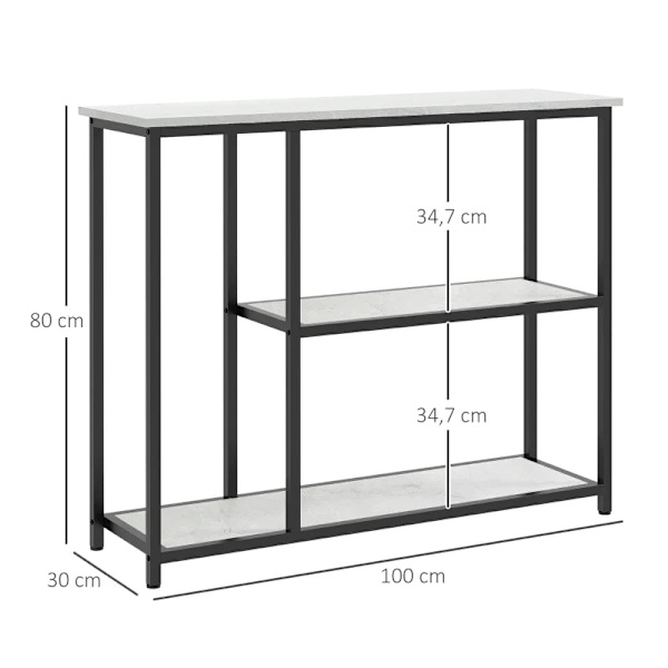 Rootz konsolbord - Industriell design - Elegant fuskmarmor - 2 hyllor - Marmoreffekt - Robust stålstomme - Svart + Vit - 100L x 30W x 80H cm
