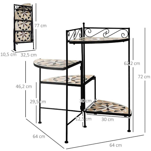Rootz-kukkateline - Kasvihylly - Kasvihylly - 4-kerroksiset kukkaportaat - Taitettavat - Puutarhaparveke - Keraamiset metallilaatat - Musta/beige - 64