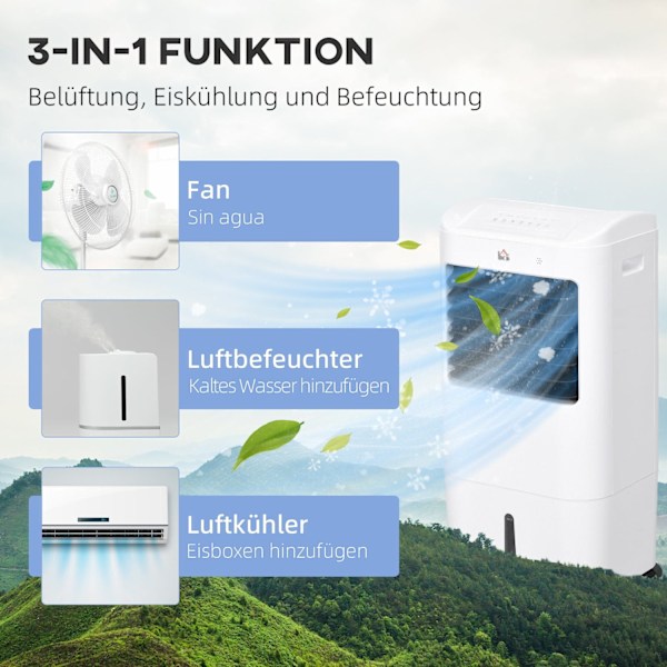 Rootz Air Cooler - Aircondition - 3 Metoder - 7,5 timers timer - Rulle plastik - 37b x 32t x 78H cm - Ideel til sommervarme