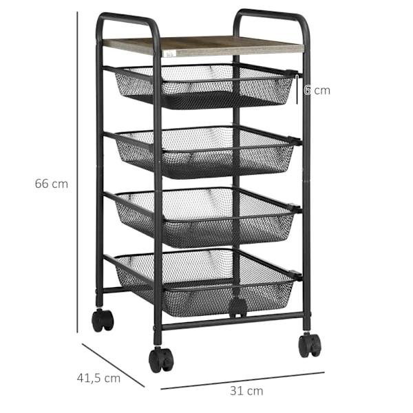 Rootz Serveringsvogn - 4 rum - 1 bordplade - 4 hjul med 2 bremser - Stålramme - Sort - 41,5 x 31 x 66 cm