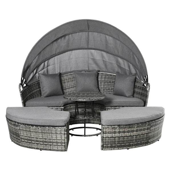 Rootz Rattan Sun Island - 4-delt Loungegruppe Med Soltag - Siddegruppe Med Hynder Og Sidebord - Højdejusterbar - Metal - Grå - 175 x 180 x 147 cm