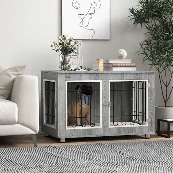 Rootz Hundebur - Hundehus - Vaskbar polstring - 2 låse - Spånplade - Oxford klud - Grå - 90 cm x 58 cm x 65 cm