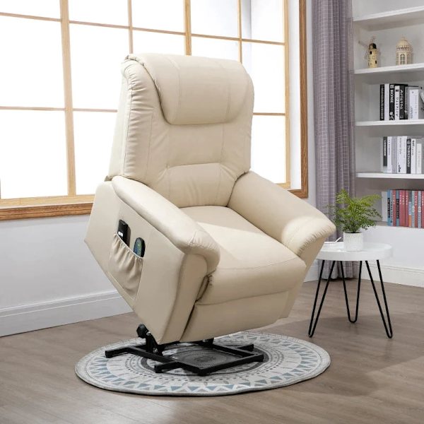 Rootz Massagestol - Ståstøtte - 8 Vibrationspunkter - Varmefunktion - Fodstøtte - Kunstlæder - Cremehvid - 93L x 95W x 106H cm